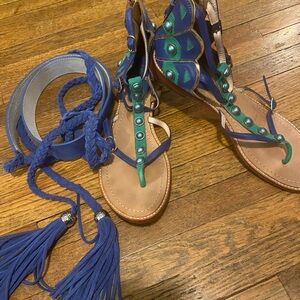 Kate Spade Blue and Turquoise Beaded Gladiator Sandals 8.5 w/ Matching Belt